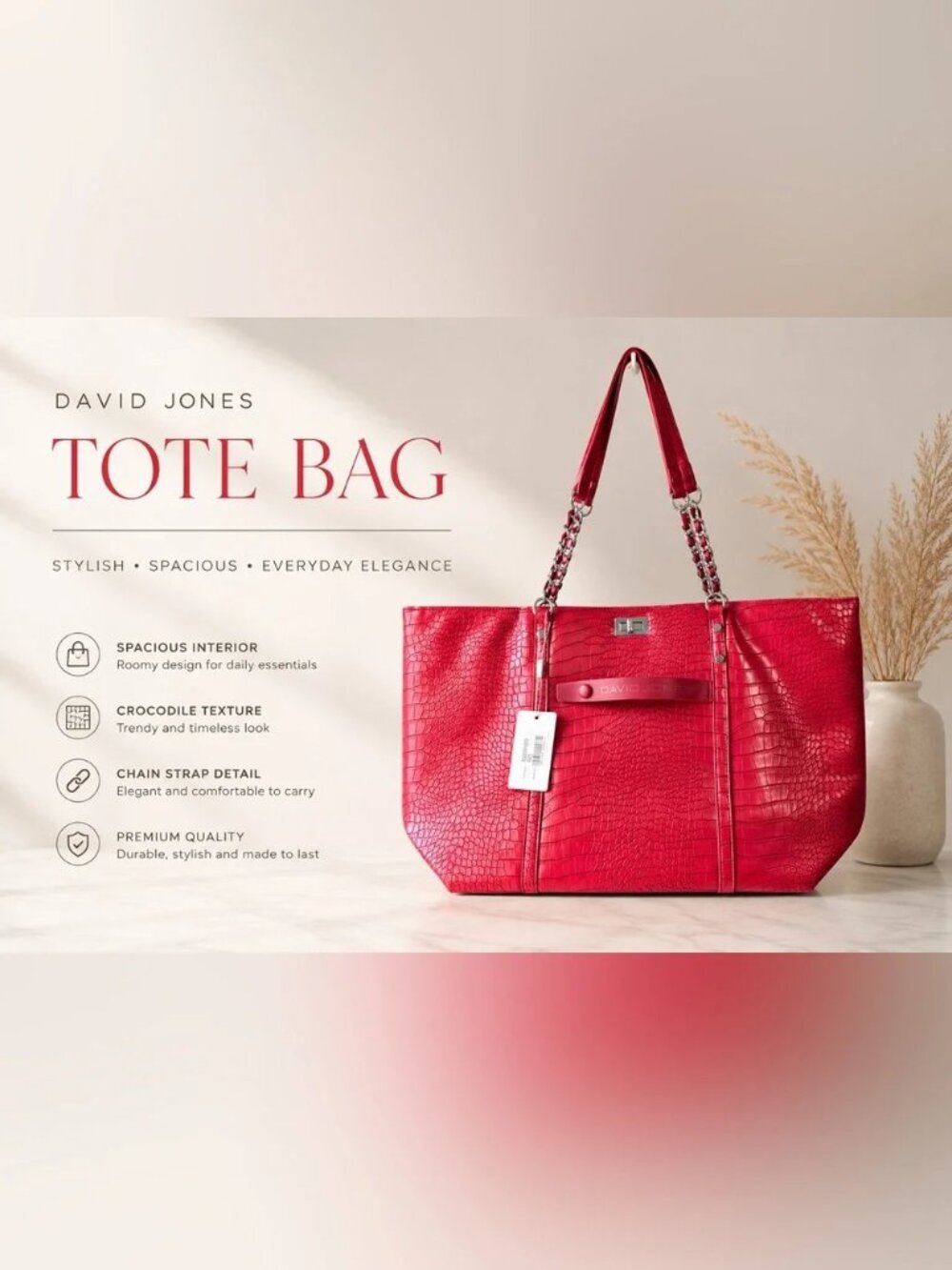 NWT David Jones Paris Red Croc Embossed Oversized Tote Bag